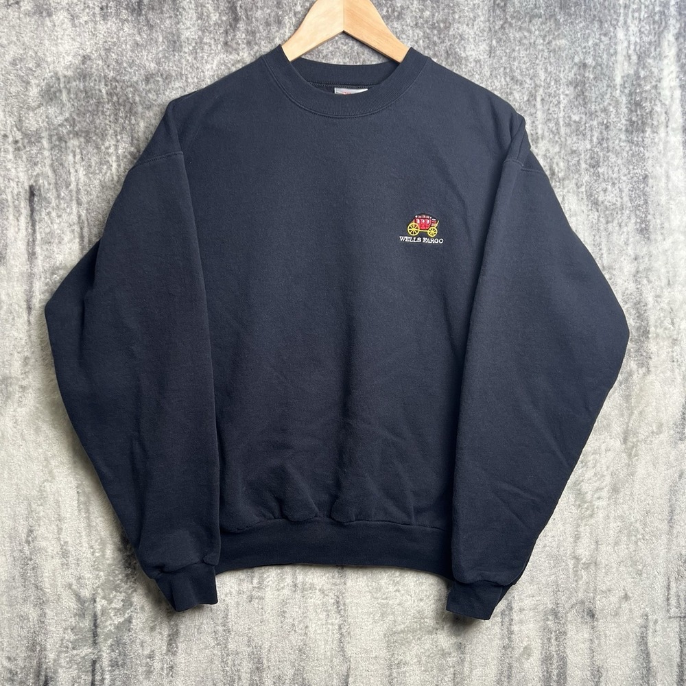 Vintage 90s Hanes Sweatshirt Men's Medium Black Wells Fargo Logo Crew Neck